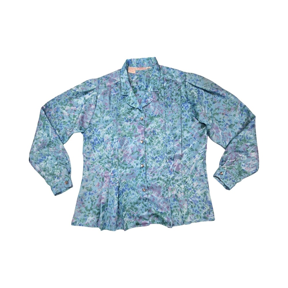 Tess Paris-Milano Vintage 80s Floral Pleated Blouse MD Blue Peplum Grannycore